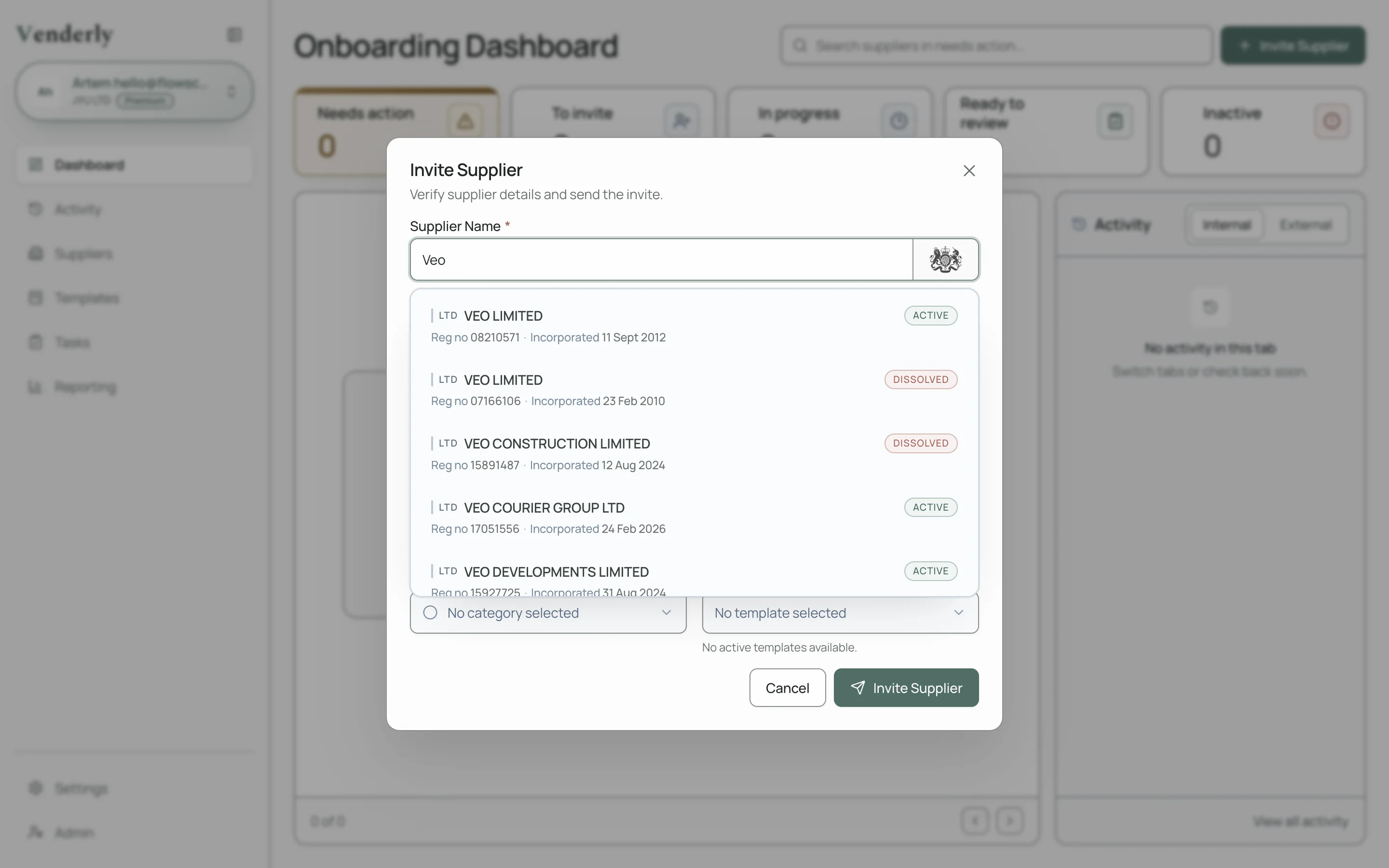 Vendor onboarding dashboard preview
