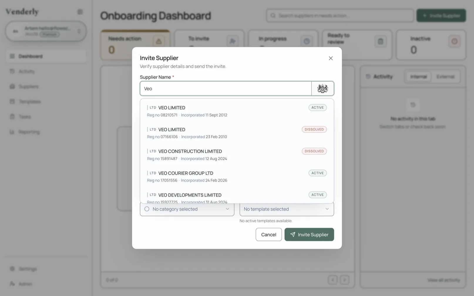 Vendor onboarding dashboard preview